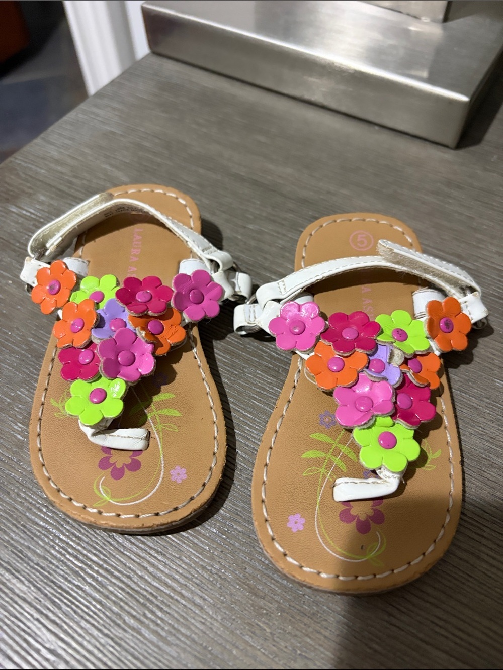 Laura Ashley White Sandals with Pink, Orange, Purple & Lime Flower Accents